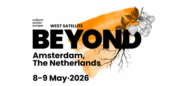 Diseño para el evento satélite BEYOND 2026 West en Ámsterdam, Países Bajos. La rotulación "BEYOND" en negrita se presenta sobre un fondo de acuarela naranja, con raíces que se extienden hacia abajo y ramas con frutos (fresas y cerezas) entrelazadas alrededor del texto. El logotipo de Culture Action Europe se incluye en la parte superior.