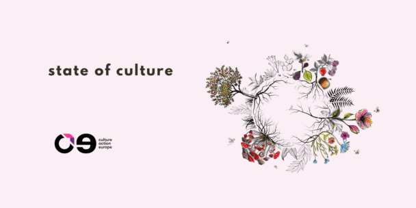 The image features a bold, artistic design with the text "The State of Culture" in large, dark blue serif font against a textured, pale yellow background. A vibrant, abstract shape in orange and pink sits at the top right, while the bottom of the frame is grounded by a solid dark blue block.