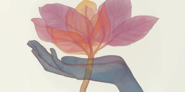 An artistic illustration of a translucent blue hand gently holding a delicate plant with layered, semi-transparent leaves in shades of pink, orange, and yellow. The background is a soft off-white, creating a calm, minimalistic composition.