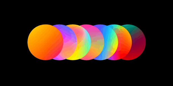 A row of seven overlapping gradient circles on a black background. Each circle displays a vivid blend of rainbow colors, including orange, yellow, pink, blue, green, and purple, creating a glowing, luminous effect where they intersect.