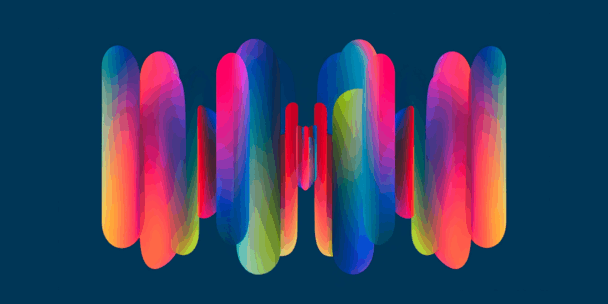 A vibrant abstract digital artwork featuring a symmetrical arrangement of elongated, rounded vertical shapes in vivid gradients of pink, blue, yellow, red, green, and purple. The shapes appear to hover against a deep navy-blue background, forming a mirrored visual effect that evokes sound waves or digital signals.