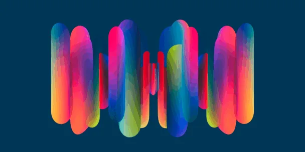 Una obra d'art digital abstracta vibrant que presenta una disposició simètrica de formes verticals allargades i arrodonides en degradats vius de rosa, blau, groc, vermell, verd i morat. Les formes semblen flotar sobre un fons blau marí intens, formant un efecte visual de mirall que evoca ones sonores o senyals digitals.