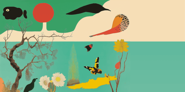 A vibrant, surreal digital collage blending natural elements with flat, graphic shapes. The upper half features a stylized red tree, a black fish, abstract birds, and a cream background. The lower half transitions into a turquoise-green landscape with real textures—gnarled tree branches, white daisies, yellow blossoms, butterflies, and a crow. Floating yellow and orange shapes echo leaves or landmasses.