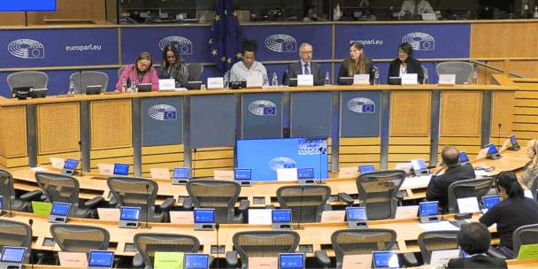 Photo from the CULT Committee session in the European Parliament, showing six panelists seated behind a curved desk with microphones and name placards. Behind them is the EU flag and the European Parliament logo on a deep blue background. The room is filled with modern wooden desks, each with digital screens and name tags for attendees. The session discusses cultural policy and representation within EU institutions.