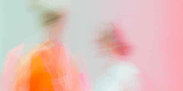 An abstract, ethereal image featuring a blurred motion capture of two human figures against a soft gradient background of pale mint green and pink. One figure, on the left, is predominantly dressed in bright orange and pink tones; the other, on the right, appears in lighter white and coral shades. The image evokes movement, emotion, and the intangible connections between body, mind, and environment—symbolizing the intersection of culture and health.