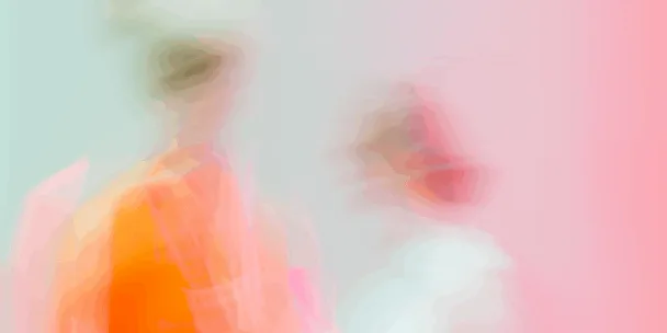 Une image abstraite et éthérée, représentant deux figures humaines floues en mouvement, sur un fond dégradé de vert menthe pâle et de rose. L'une, à gauche, est vêtue principalement d'orange vif et de rose&nbsp;; l'autre, à droite, arbore des tons plus clairs de blanc et de corail. L'image évoque le mouvement, l'émotion et les liens intangibles entre le corps, l'esprit et l'environnement, symbolisant ainsi l'intersection entre culture et santé.