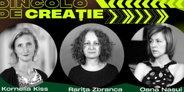 The heads of the three women participating in the panel are in the foreground, surrounded by black and green arrows and symbols, as well as the name of the series and the speakers.