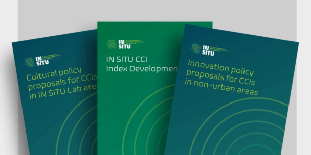 Three dark green IN SITU publication covers fanned out against a grey background. The titles read: 'Cultural policy proposals for CCIs in IN SITU Lab areas,' 'IN SITU CCI Index Development,' and 'Innovation policy proposals for CCIs in non-urban areas.'