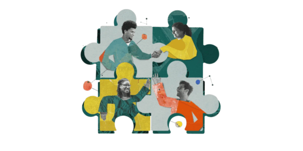 A conceptual collage of four diverse people interacting within a set of interlocking puzzle pieces, representing teamwork and collaboration.