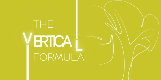 A lime green graphic featuring the text 'THE VERTICAL FORMULA' in a white, modern sans-serif font. The letters 'V' and 'L' in 'VERTICAL' are elongated vertically to resemble thin lines. To the right, a stylized outline of a tree is drawn with thin, continuous white lines against the solid green background.
