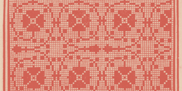 Red and cream pixelated textile pattern resembling a woven grid with abstract floral and cross motifs, framed by a narrow border. The design is symmetrical and evokes traditional craft or embroidery charts.