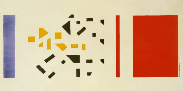 Œuvre abstraite minimaliste sur fond crème, ornée de formes géométriques alignées horizontalement au centre. À gauche, un rectangle bleu vertical est suivi de formes jaunes et noires éparses évoquant des fragments ou un code. À droite, une fine ligne verticale rouge et un carré rouge plein.