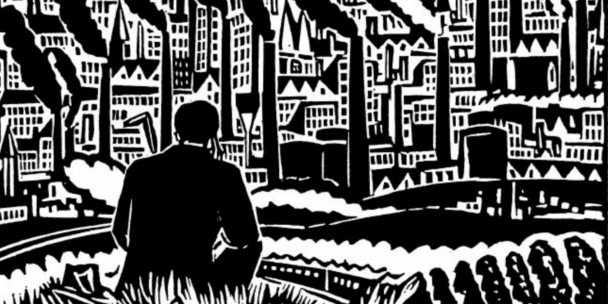 A high-contrast, black-and-white woodcut illustration by Frans Masereel from his 1925 series "The City." The image depicts a dense, bustling 1920s metropolitan scene in a bold expressionist style. It features towering geometric buildings, industrial chimneys releasing thick plumes of smoke into the sky, and a crowded urban street filled with anonymous figures in hats and coats. The artwork uses stark, heavy lines to create a mood of industrial energy and metropolitan life.