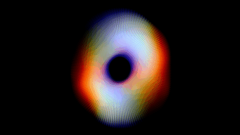 Abstract, glowing ring of light with radiating orange, blue, and yellow streaks against a black background.