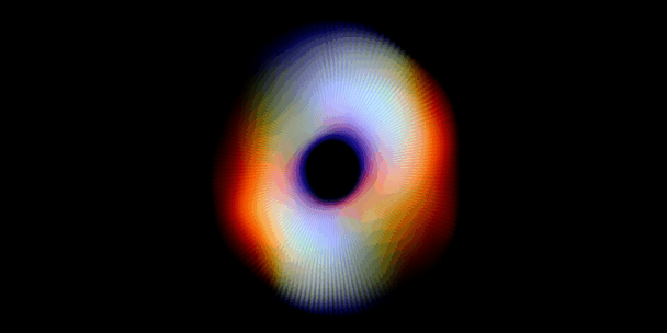 Abstract, glowing ring of light with radiating orange, blue, and yellow streaks against a black background.