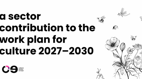 Title slide: 'A sector contribution to the work plan for culture 2027–2030,' with the Culture Action Europe logo and a black-and-white illustration of flowers, roots, and insects.
