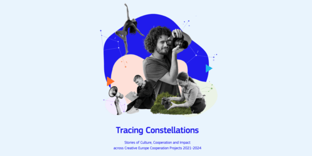 A light blue title graphic for the publication with the name written in blue. Above the text, a collage of black-and-white photos shows a dancer mid-leap, a man photographing with a camera, a person writing, a woman potting a plant, and a hand holding a megaphone, layered over abstract blue, pink, and green organic shapes. Small constellation-like dotted star patterns and colored triangle icons are scattered around the collage.