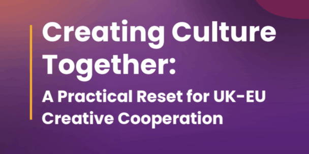 Purple and orange swirls in the background, behind the name of the Creating Culture Together campaign in white letters.