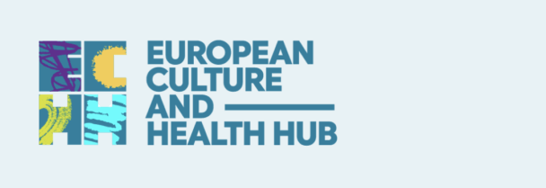 European Culture and Health Hub logo. A light blue background with the letters ECHH stacked together in light colours.
