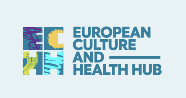 European Culture and Health Hub logo. A light blue background with the letters ECHH stacked together in light colours.