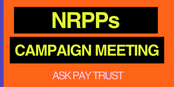 'NRPPs Campaign Meeting' is written on a purple background with an orange border on the left side. The Ask, Pay, Trust campaign meeting is also included at the bottom.