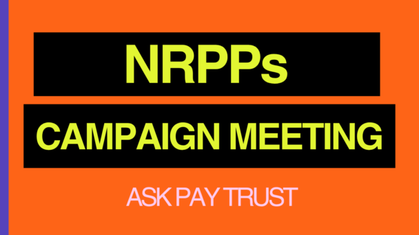 'NRPPs Campaign Meeting' is written on a purple background with an orange border on the left side. The Ask, Pay, Trust campaign meeting is also included at the bottom.