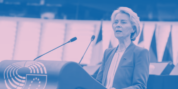 European Commission President von der Leyen gives a speech in the European Parliament. The photo is faded and represents a lavender hue.